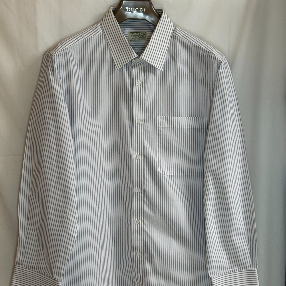 Hamilton Shirts Men's Button Up Long Sleeve Shirt -Striped White & Light Gray-XL